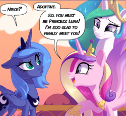 Size: 1725x1578 | Tagged: safe, artist:regendary, derpibooru import, princess cadance, princess celestia, princess luna, alicorn, pony, comic:the princess of love, alicorn triarchy, aunt and niece, comic, dialogue, female, frown, looking at someone, mare, open mouth, open smile, questioning, royal sisters, s1 luna, siblings, sisters, smiling, trio