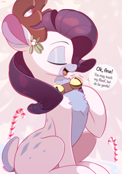 Size: 2154x3059 | Tagged: safe, artist:nookprint, derpibooru import, rarity, deer, reindeer, bell, bell collar, candy, candy cane, chest fluff, christmas, collar, doe, eyes closed, female, food, holiday, open mouth, open smile, profile, rarideer, reindeerified, smiling, solo, species swap, speech bubble