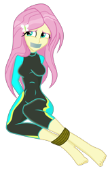 Size: 1426x2206 | Tagged: safe, artist:splendidbondage, derpibooru import, fluttershy, equestria girls, ankle tied, aquamarine eyes, arm behind back, barefoot, bondage, bound and gagged, brown rope, feet, female, gag, hair accessory, hands behind back, legs tied, looking to side, looking to the left, pink hair, rope, rope bondage, simple background, sitting, solo, tape, tape gag, transparent background, wetsuit, yellow skin