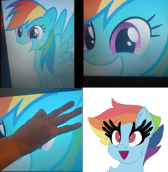 Size: 1097x1122 | Tagged: safe, artist:moodi, derpibooru import, rainbow dash, human, pegasus, pony, dank memes, eyelashes, finger, irl, irl human, meme, photo, solo, vulgar description, wat, what the hay?