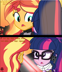 Size: 2287x2644 | Tagged: safe, artist:jcpreactyt, derpibooru import, sci-twi, sunset shimmer, twilight sparkle, equestria girls, blue eyes, clothes, engrish, female, glasses, hair, jacket, lesbian, light, ponytail, purple eyes, scarf, scitwishimmer, shipping, sunsetsparkle, text, unreadable text