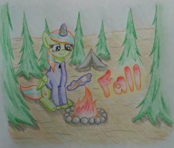 Size: 1300x1102 | Tagged: safe, artist:prinrue, derpibooru import, oc, oc only, oc:starshine note, alicorn, alicorn oc, autumn, campfire, female, fire, glowing, glowing horn, horn, mare, pine tree, solo, traditional art, tree, wings