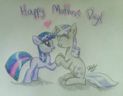 Size: 1280x1000 | Tagged: safe, artist:prinrue, derpibooru import, twilight sparkle, twilight velvet, unicorn twilight, unicorn, duo, duo female, female, filly, filly twilight sparkle, foal, mare, mother and child, mother and daughter, mother's day, parent and child, traditional art, younger