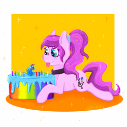 Size: 3000x3000 | Tagged: safe, artist:raspy, derpibooru import, rainbow dash, oc, oc only, oc:violet ray, earth pony, pony, cake, candle, choker, colored, cutie mark, figurine, food, frosting, hairband, lying down, on stomach, simple background, solo, sparkles, tongue, tongue out