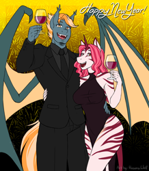 Size: 3400x3900 | Tagged: safe, artist:hasana-chan, oc, oc only, oc:impala lily, oc:rocket burst, anthro, bat pony, hybrid, unguligrade anthro, unicorn, zony, alcohol, anthro oc, arm around back, bat pony oc, breasts, clothes, commission, couple, dress, fangs, female, fireworks, gift art, glass, happy new year, happy new year 2022, holiday, horn, male, necktie, oc x oc, open mouth, racing stripes, shipping, side slit, slit eyes, smiling, straight, suit, unicorn oc, wine, wine glass, zony oc