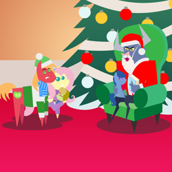 Size: 2160x2160 | Tagged: safe, anonymous artist, derpibooru import, big macintosh, fluttershy, iron will, scootablue, oc, oc:late riser, earth pony, minotaur, pegasus, pony, series:fm holidays, series:hearth's warming advent calendar 2021, advent calendar, baby, baby pony, book, christmas, christmas tree, clothes, colt, costume, earmuffs, fake beard, female, fluttermac, frown, hat, high res, holiday, lineless, male, mall santa, mare, offspring, ornament, parent:big macintosh, parent:fluttershy, parents:fluttermac, pointy ponies, santa costume, santa hat, scarf, shipping, stallion, straight, sweater, tree