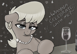 Size: 1944x1356 | Tagged: safe, artist:llametsul, derpibooru import, ms. harshwhinny, earth pony, pony, alcohol, bedroom eyes, blushing, bottle, chest fluff, confetti, cougar, desaturated, dialogue, drunk, ear piercing, earring, eyeshadow, female, glass, go home you're drunk, happy new year, heart, heart eyes, holiday, jewelry, lidded eyes, looking at you, makeup, mare, milf, monochrome, necklace, pearl necklace, piercing, sketch, smiling, smiling at you, solo, text, wine, wine bottle, wine glass, wingding eyes