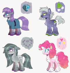 Size: 876x912 | Tagged: safe, artist:wanderingpegasus, derpibooru import, limestone pie, marble pie, pinkie pie, earth pony, pony, alternate hairstyle, belt, chest fluff, clothes, coat markings, dress, female, fraternal twins, leg fluff, mare, pie sisters, pie twins, redesign, siblings, simple background, sisters, twin sisters, twins, unshorn fetlocks, white background