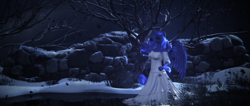 Size: 3840x1634 | Tagged: safe, artist:etherium-apex, princess luna, alicorn, anthro, 3d, blender, blender eevee, clothes, dress, evanescence, eyes closed, female, mare, night, outdoors, pond, snow, solo, water, white dress