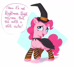 Size: 3583x3250 | Tagged: safe, artist:crade, pinkie pie, earth pony, pony, cape, clothes, costume, dialogue, female, hat, mare, nightmare night costume, open mouth, socks, solo, speech bubble, striped socks, witch costume, witch hat