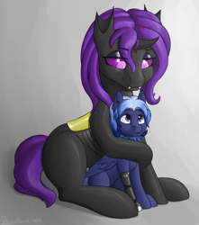 Size: 3368x3808 | Tagged: safe, artist:stardustspix, derpibooru import, oc, oc only, oc:anaxxa, oc:kyanite arc, changepony, hybrid, pegasus, pony, amputee, cute, duo, eyeshadow, female, makeup, male, prosthetic leg, prosthetic limb, prosthetics, size difference, stallion