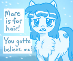 Size: 2400x2000 | Tagged: safe, artist:anonymous, artist:kid wizard, artist:kidwizard, derpibooru import, oc, oc only, pony, chest fluff, dialogue, drawthread, limited palette, looking at you, monochrome, open mouth, snow, snowfall, snowpony, snowpony (species), solo, speech bubble, taiga pony, yakutian horse