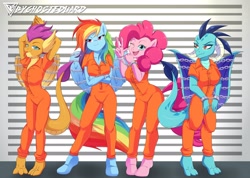 Size: 2700x1920 | Tagged: safe, artist:byghosteduard, derpibooru import, pinkie pie, princess ember, rainbow dash, smolder, anthro, digitigrade anthro, dragon, earth pony, pegasus, unguligrade anthro, clothes, cuffed, dragoness, female, one eye closed, prison outfit, prisoner rd, smiling, unamused, varying degrees of want, wink