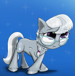 Size: 2000x2032 | Tagged: safe, artist:chopsticks, derpibooru import, silver spoon, earth pony, pony, cheek fluff, chest fluff, crossed hooves, curtsey, cute, ear fluff, ears, eyebrows, eyebrows visible through hair, female, filly, foal, glasses, jewelry, looking up, necklace, pearl necklace, silverbetes, smiling, solo, unshorn fetlocks