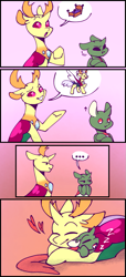 Size: 467x1024 | Tagged: safe, artist:paintedsnek, derpibooru import, thorax, oc, oc:apex, changedling, changeling, fanfic:the king of love bugs, comic, cuddling, cute, head shake, king thorax, onomatopoeia, papa thorax, pouting, simple background, sound effects, thorabetes, thought bubble, zzz
