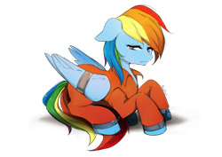 Size: 1430x1010 | Tagged: safe, artist:skyeypony, derpibooru import, rainbow dash, clothes, crying, cuffed, cuffs, prison outfit, prisoner, prisoner rd, sad, shackles, wing cuffs, wings