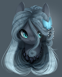 Size: 758x944 | Tagged: safe, artist:nagathesiren, artist:pechastan, derpibooru import, oc, oc only, oc:raina, original species, pond pony, pony, bust, closed species, female, freckles, hair over one eye, hairclip, jewelry, mare, necklace, solo