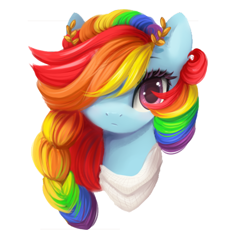 Size: 451x477 | Tagged: dead source, safe, artist:nagathesiren, artist:pechastan, derpibooru import, edit, rainbow dash, pony, alternate hairstyle, braid, bust, clothes, cropped, female, hair over one eye, laurel wreath, looking at you, mare, scarf, solo