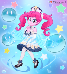 Size: 1824x2019 | Tagged: safe, artist:tabrony23, derpibooru import, pinkie pie, equestria girls, alternate hairstyle, barbara (genshin impact), beautiful, clothes, cosplay, costume, cute, diapinkes, female, genshin impact, looking at you, magic, patreon, patreon logo, shoes, slimes (genshin impact), smiling, solo, water