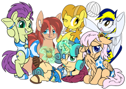 Size: 3273x2311 | Tagged: safe, artist:litrojia, artist:notadeliciouspotato, artist:pirill, derpibooru exclusive, derpibooru import, oc, oc only, oc:canned peaches, oc:cottonwood kindle, oc:fidget, oc:golden star, oc:huracata, oc:sky spark, earth pony, pegasus, pony, unicorn, 2022 community collab, bendy straw, bipedal, cheek fluff, chest fluff, clothes, cup, derpibooru community collaboration, drink, drinking, drinking straw, ear fluff, ears, earth pony oc, eyepatch, female, flower, flower in hair, glass, group, horn, looking at you, lying down, magic, male, mare, on back, one eye closed, one-piece swimsuit, pegasus oc, sandals, simple background, sitting, skirt, smiling, smiling at you, sports, stallion, swimming trunks, swimsuit, telekinesis, tongue, tongue out, transparent background, unicorn oc, volleyball, wet, wet mane, wink