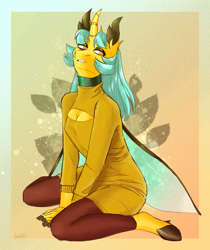 Size: 1140x1360 | Tagged: safe, artist:jeshh, derpibooru import, oc, oc:yellow jacket, anthro, changepony, hybrid, clothes, keyhole turtleneck, solo, sweater, turtleneck