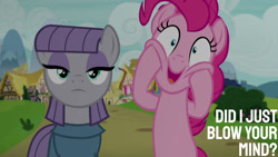 Size: 1280x720 | Tagged: safe, derpibooru import, edit, edited screencap, editor:quoterific, screencap, maud pie, pinkie pie, earth pony, pony, rock solid friendship, season 7, bipedal, female, mare, open mouth, open smile, smiling