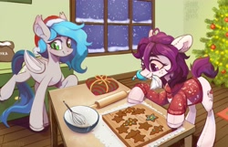 Size: 4019x2588 | Tagged: safe, artist:laymy, derpibooru import, oc, oc only, bat pony, earth pony, pony, baking, bowl, christmas, christmas tree, cookie, egg beater, flour, food, hat, holiday, present, rolling pin, santa hat, snow, snowfall, tree, window