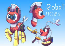 Size: 1280x899 | Tagged: safe, artist:trackheadtherobopony, derpibooru import, oc, oc:trackhead, original species, pony, robot, robot pony, chainsaw, drill, gun, knife, reference sheet, scissors, shotgun, text, weapon, wheelpone