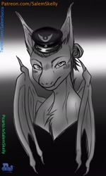 Size: 1228x2048 | Tagged: safe, artist:salemskelly, derpibooru import, oc, oc only, oc:devin, bat pony, pony, angry, bat pony oc, black and white, black background, bust, chest fluff, cute, cute little fangs, emblem, fangs, frown, general, gray, grayscale, hat, looking at you, lunar republic, male, military, military pony, monochrome, new lunar republic, portrait, simple background, solo, stallion, text