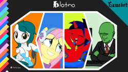 Size: 1202x677 | Tagged: safe, artist:tcgamebot, derpibooru import, edit, fluttershy, oc, oc:anon, oc:eclipse shine, oc:heart, earth pony, human, pegasus, pony, unicorn, chair, clothes, earmuffs, female, logo, looking at you, male, ponylatino, show accurate, sitting, smiling, underhoof