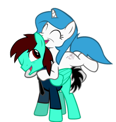 Size: 732x775 | Tagged: safe, artist:raindashesp, derpibooru import, oc, oc only, oc:ryan cooper, oc:shery, pegasus, pony, unicorn, 2022 community collab, ^^, blue mane, blue tail, clothes, derpibooru community collaboration, duo, eyes closed, female, folded wings, horn, male, mare, necktie, one eye closed, open mouth, open smile, pegasus oc, show accurate, simple background, smiling, stallion, standing, tail, transparent background, unicorn oc, wings