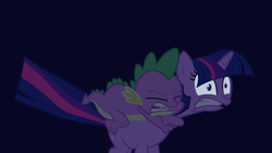 Size: 1920x1080 | Tagged: safe, derpibooru exclusive, derpibooru import, screencap, spike, twilight sparkle, dragon, pony, unicorn, bridle gossip, duo, female, frightened, out of context, simple background
