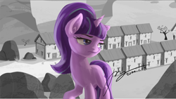 Size: 2666x1500 | Tagged: safe, artist:musical ray, derpibooru import, starlight glimmer, pony, unicorn, chicago, grand theft auto, gta iv, musical, our town, partial color, s5 starlight, solo, starlight's village