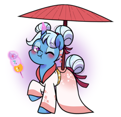 Size: 1117x1078 | Tagged: safe, artist:paperbagpony, derpibooru import, trixie, pony, unicorn, alternate hairstyle, blushing, clothes, cute, diatrixes, food, kimono (clothing), lidded eyes, looking at you, magic, magic aura, mochi, one eye closed, parasol (umbrella), solo, telekinesis, umbrella, wink