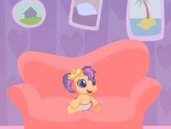 Size: 726x545 | Tagged: safe, derpibooru import, screencap, scootaloo (g3), pony, g3.5, newborn cuties, once upon a my little pony time, baby, baby pony, baby scootaloo, beach, bow, cute, diaper, excited, female, filly, foal, g3 cutealoo, hair bow, house, indoors, jumping, mountain, newborn, newborn baby, newborn filly, open mouth, open smile, palm tree, picture, picture frame, smiling, so many different ways to play, sofa, tree, younger