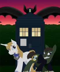 Size: 3000x3600 | Tagged: safe, artist:sixes&sevens, derpibooru import, doctor whooves, prince blueblood, earth pony, gargoyle, unicorn, abomination, accused ally of the nestene consciousness and the autons, accused con artist, accused imposter, accused incarnation of the master, accused nazi, assassin, axefighter, biologist, bowtie, dancer, doctor who, fanfic, fanfic art, fanfic cover, grenadier, hedge, historian, knife-fighter, leather peacoat, marksman, martial artist, mechanical engineer, military tactician, ninth doctor, palaeontologist, peacoat, performer, physician, sonic screwdriver, spearfighter, spread wings, swordfighter, tardis, war criminal, wings