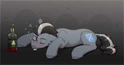 Size: 3150x1650 | Tagged: safe, artist:avroras_world, derpibooru import, oc, oc only, oc:sheggy, earth pony, pony, alcohol, blushing, drool, drunk, ears, earth pony oc, eyebrows, eyes closed, floppy ears, high res, liquor, lying down, male, prone, simple background, sleeping, solo, stallion