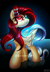 Size: 1318x1888 | Tagged: safe, artist:kimmyartmlp, derpibooru import, oc, oc:fluttershout, pegasus, pony, female, hat, heterochromia, pegasus oc, solo