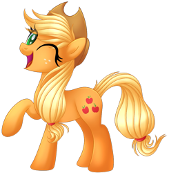 Size: 837x853 | Tagged: safe, artist:kimmyartmlp, derpibooru import, applejack, earth pony, pony, cute, female, jackabetes, one eye closed, raised hoof, raised leg, simple background, solo, transparent background, wink