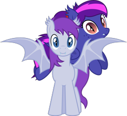 Size: 4372x4000 | Tagged: safe, artist:parclytaxel, derpibooru import, oc, oc only, oc:evening's dawn, oc:nebulous (bat), bat pony, pony, .svg available, 2022 community collab, absurd resolution, bat pony oc, bat wings, commission, cute, cute little fangs, derpibooru community collaboration, fangs, female, freckles, looking at you, male, mare, ponies riding ponies, riding, simple background, slit eyes, smiling, spread wings, stallion, transparent background, vector, wings