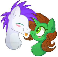 Size: 1871x1817 | Tagged: safe, artist:kimmyartmlp, derpibooru import, oc, oc only, pony, duo, eyes closed, female, male, oc x oc, shipping, simple background, tongue, tongue out, transparent background