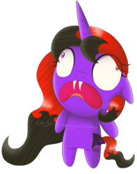 Size: 2148x2725 | Tagged: safe, artist:kimmyartmlp, derpibooru import, oc, oc only, oc:ender, pony, undead, unicorn, vampire, adorable distress, bipedal, chibi, cute, fangs, horn, open mouth, simple background, solo, transparent background, unicorn oc