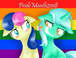 Size: 4328x3298 | Tagged: safe, artist:kimmyartmlp, derpibooru import, bon bon, lyra heartstrings, sweetie drops, earth pony, pony, unicorn, blushing, duo, female, grin, lesbian, lyrabon, pride, pride flag, pride month, shipping, smiling