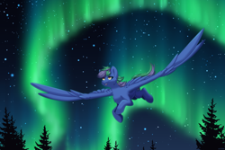 Size: 3000x2000 | Tagged: safe, artist:arsolem, derpibooru import, oc, oc only, oc:lishka, pegasus, amber eyes, aurora borealis, cheek fluff, chest fluff, ear fluff, ears, eye clipping through hair, eyebrows, eyebrows visible through hair, eyelashes, female, flying, high res, mare, night, open mouth, open smile, pegasus oc, smiling, solo, spread wings, stars, tail, tree, two toned mane, two toned tail, wings