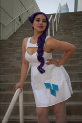 Size: 1019x1525 | Tagged: safe, artist:autumns-snow, derpibooru import, rarity, human, anime expo, anime expo 2012, clothes, cosplay, costume, cutie mark on clothes, eyeshadow, hand on hip, irl, irl human, makeup, photo, stairs