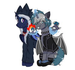 Size: 1280x1200 | Tagged: safe, artist:valkiria, derpibooru import, oc, oc only, oc:elizabat stormfeather, oc:elizabrat meanfeather, oc:icey wicey, alicorn, bat pony, bat pony alicorn, pony, alicorn oc, bat pony oc, bat wings, boots, burning, choker, clone, clothes, concern, duo, ear piercing, earring, evil grin, female, fire, glasses, grin, hoodie, horn, jacket, jewelry, knife, leather jacket, levitation, lip piercing, magic, male, mare, piercing, plushie, ponysona, scared, scarf, shoes, simple background, sitting, smiling, socks, spiked choker, stabbing, stallion, striped socks, sweat, sweatdrop, telekinesis, transparent background, wings