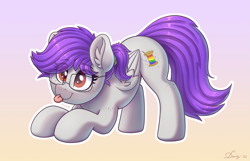 Size: 3859x2480 | Tagged: safe, alternate version, artist:dandy, derpibooru import, oc, oc only, oc:amethyst heartstrings, pegasus, pony, :3, ;p, alternate character, commission, cute, ear fluff, ears, eye clipping through hair, female, freckles, glasses, gradient background, hair tie, high res, mare, ponytail, shoulder freckles, solo, tongue, tongue out, white outline, wings, ych result