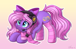 Size: 3859x2480 | Tagged: safe, alternate version, artist:dandy, derpibooru import, oc, oc only, oc:lillybit, earth pony, pony, :3, ;p, alternate character, bow, clothes, commission, cute, ear fluff, ears, eye clipping through hair, female, gaming headset, gradient background, hair bow, headphones, headset, high res, mare, microphone, scarf, socks, solo, striped socks, tongue, tongue out, white outline, ych result