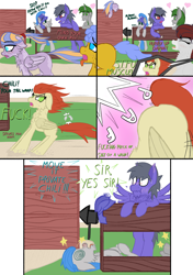 Size: 2508x3553 | Tagged: safe, artist:justapone, derpibooru import, oc, oc only, oc:chili pepper, oc:creamy top, oc:duty full, oc:gloomy flow, oc:grey cloud, oc:muscle head, oc:smug free, pegasus, pony, unicorn, absurd resolution, cheek fluff, chin fluff, colored sketch, comic, dialogue, eyelashes, female, folded wings, helmet, horn, in love, knocked out, male, mare, missing cutie mark, no cutie marks because im lazy, out of frame, pegasus oc, running, shrunken pupils, simple background, spots, spread wings, stallion, sweat, tail, tail wrap, unicorn oc, vulgar, wingboner, wings