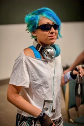 Size: 3162x4743 | Tagged: safe, derpibooru import, dj pon-3, vinyl scratch, human, anime expo, anime expo 2012, clothes, cosplay, costume, headphones, irl, irl human, photo, sunglasses